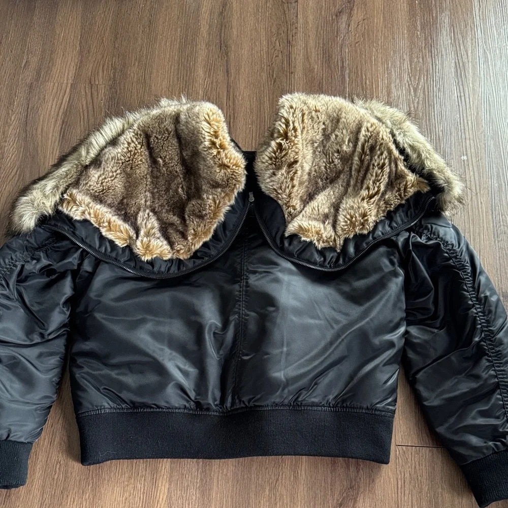 BCBGeneration Women’s Black Nylon Bomber Jacket with Faux Fur Hood - Picture 7 of 9